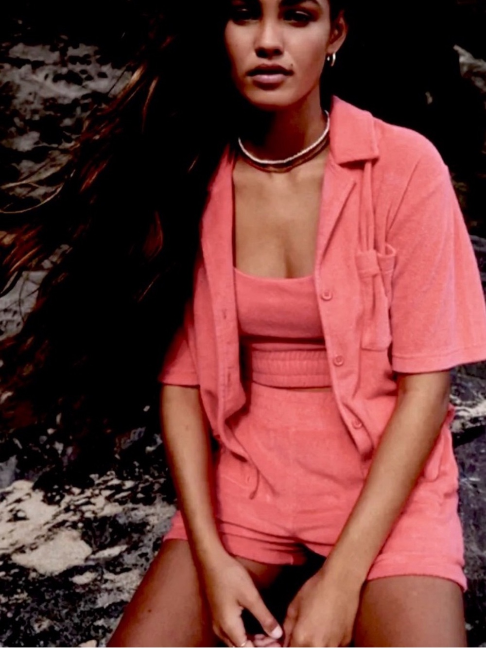 HOLLISTER PINK TERRY CROPPED BUTTON DOWN SHIRT HIGH RISE SHORTS RESORT SET XS/S